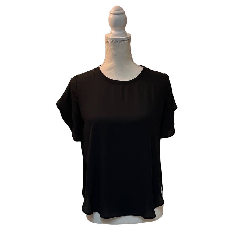 Ann Taylor LOFT New $44.50 XSP XS Petite Black Top Blouse Ruffle Sleeve